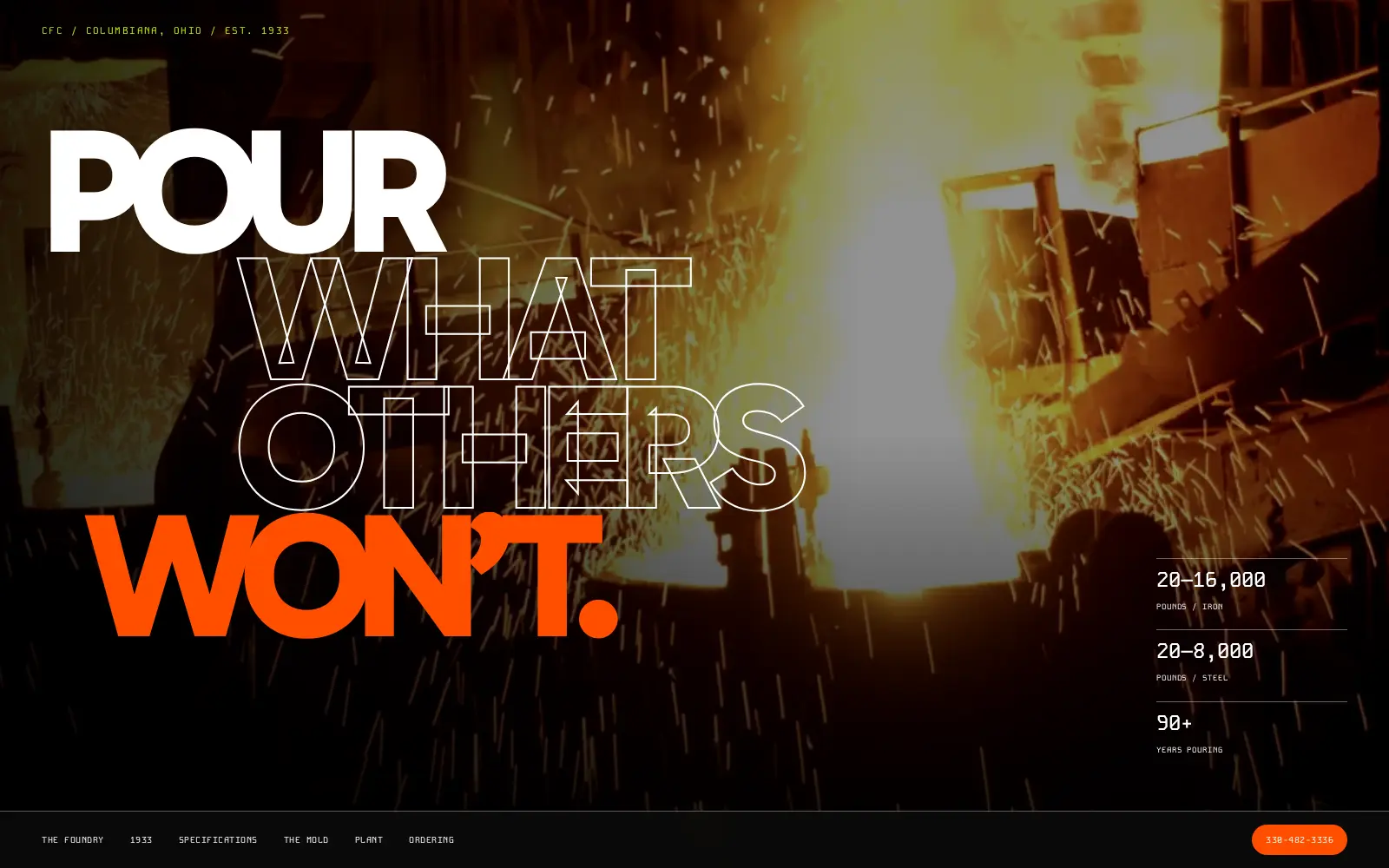 Columbiana Foundry concept homepage showing molten metal beneath the heading Pour what others will not