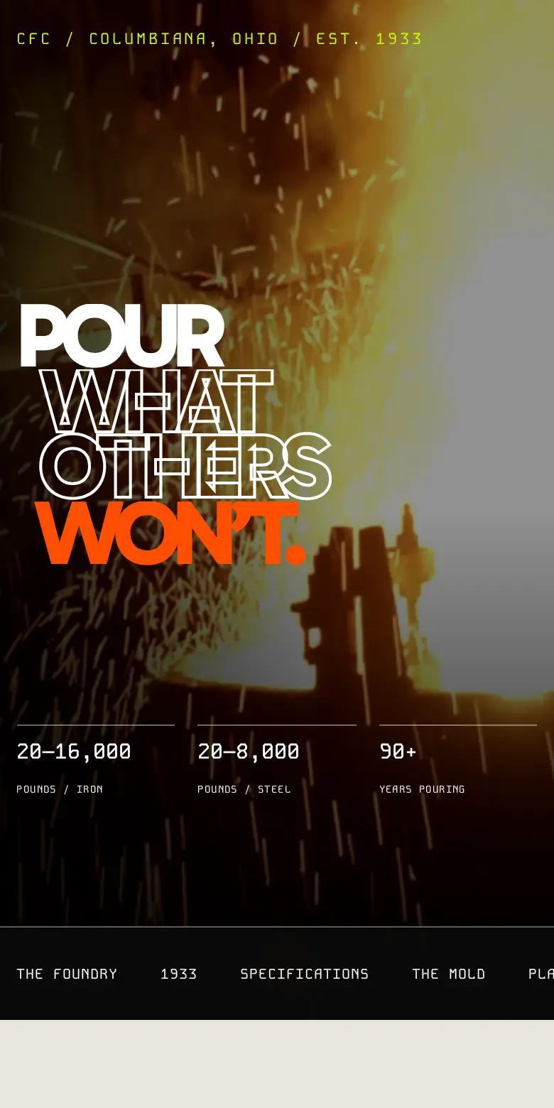Mobile view of the Columbiana Foundry concept homepage with molten metal and production figures