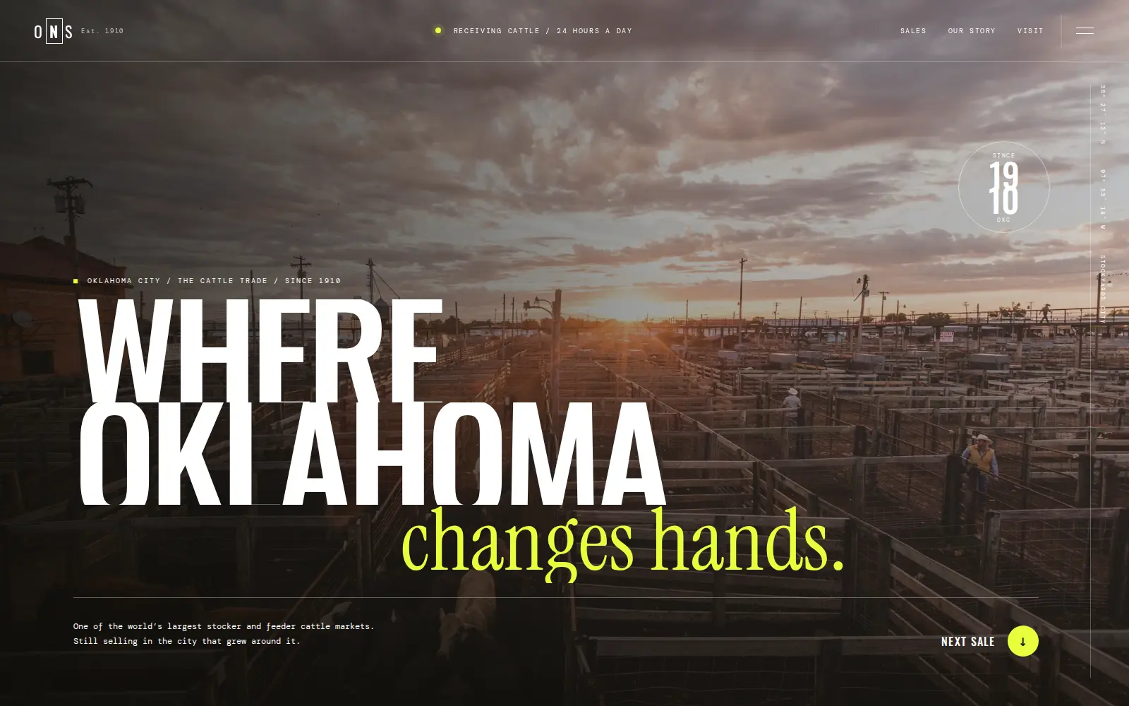 OK National Stockyards concept homepage showing cattle pens beneath the heading Where Oklahoma changes hands
