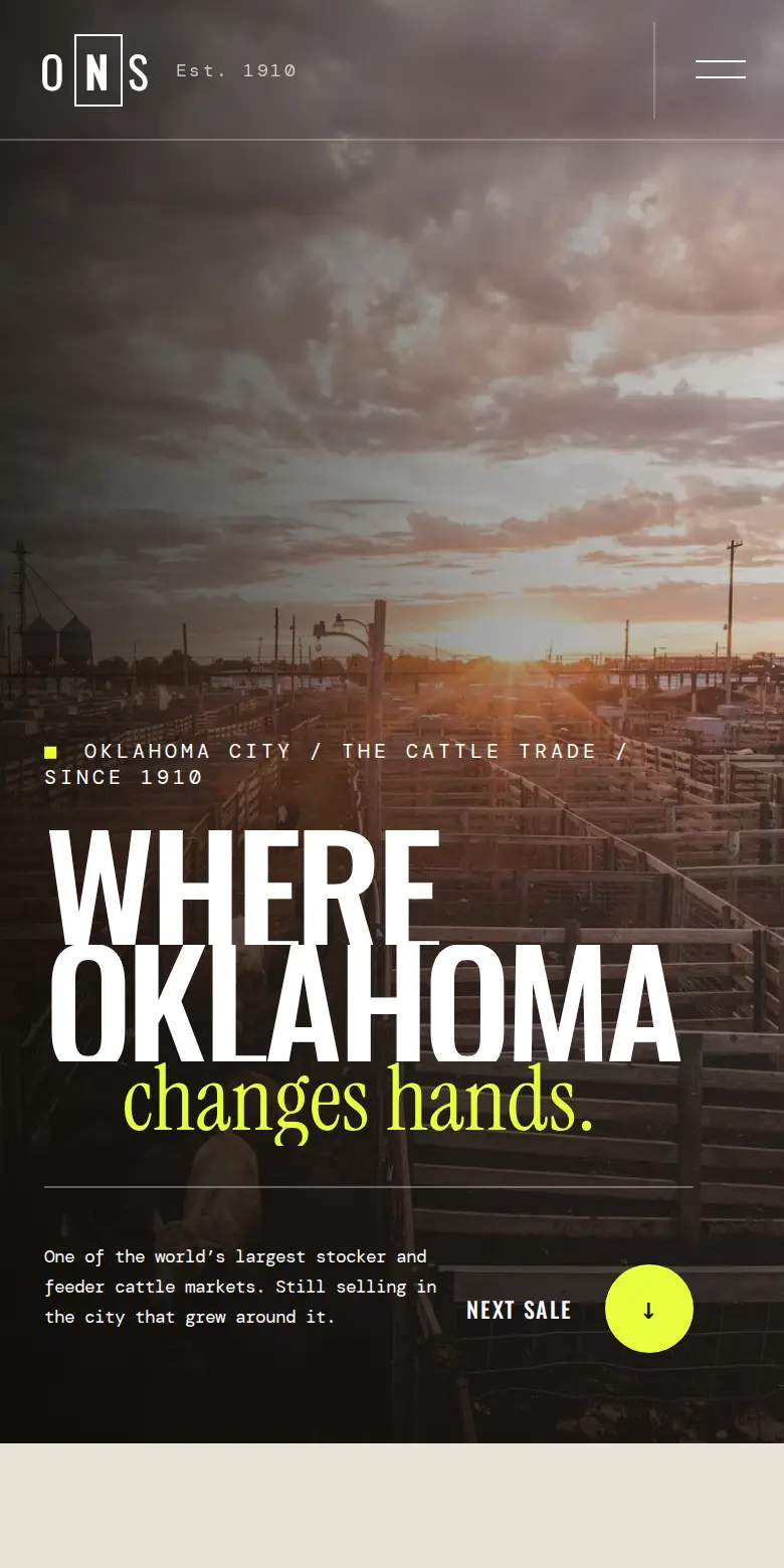 Mobile view of the OK National Stockyards concept homepage with the cattle market hero