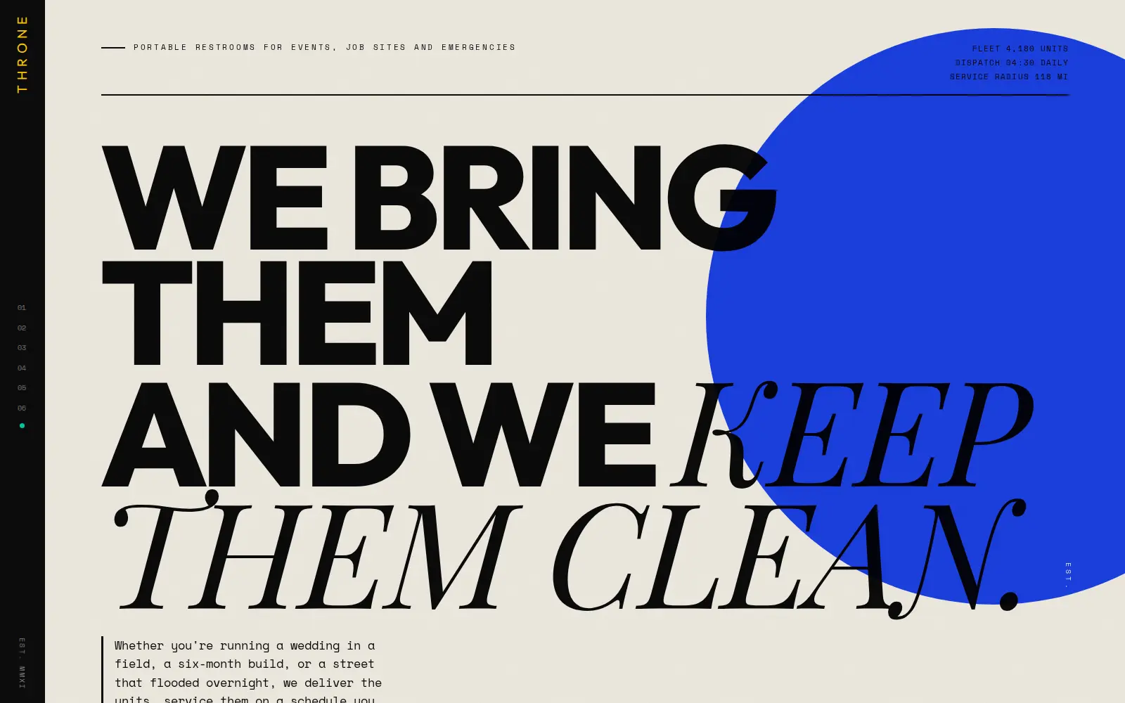 Throne portable restroom concept homepage with oversized black typography and a blue circular graphic
