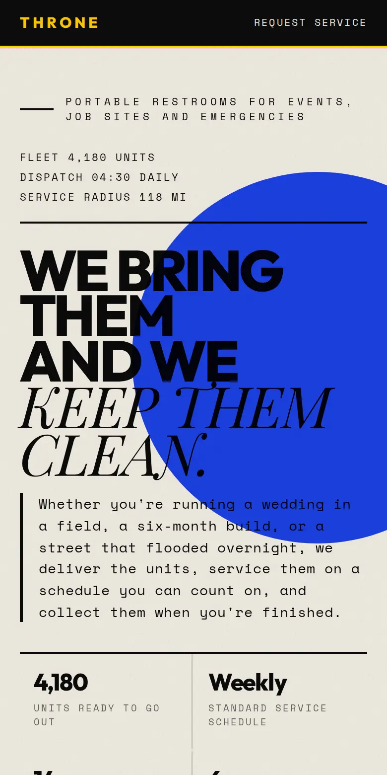 Mobile view of the Throne concept homepage with service details and bold typography